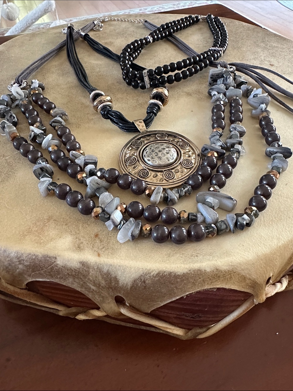 Boho Multi-Strand Gray and Brown Beaded Necklace with Bronze Medallion